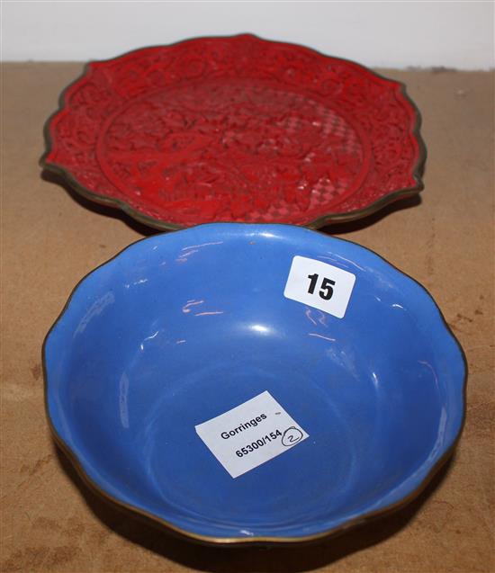 Chinese cinnabar lacquer dish and a similar bowl